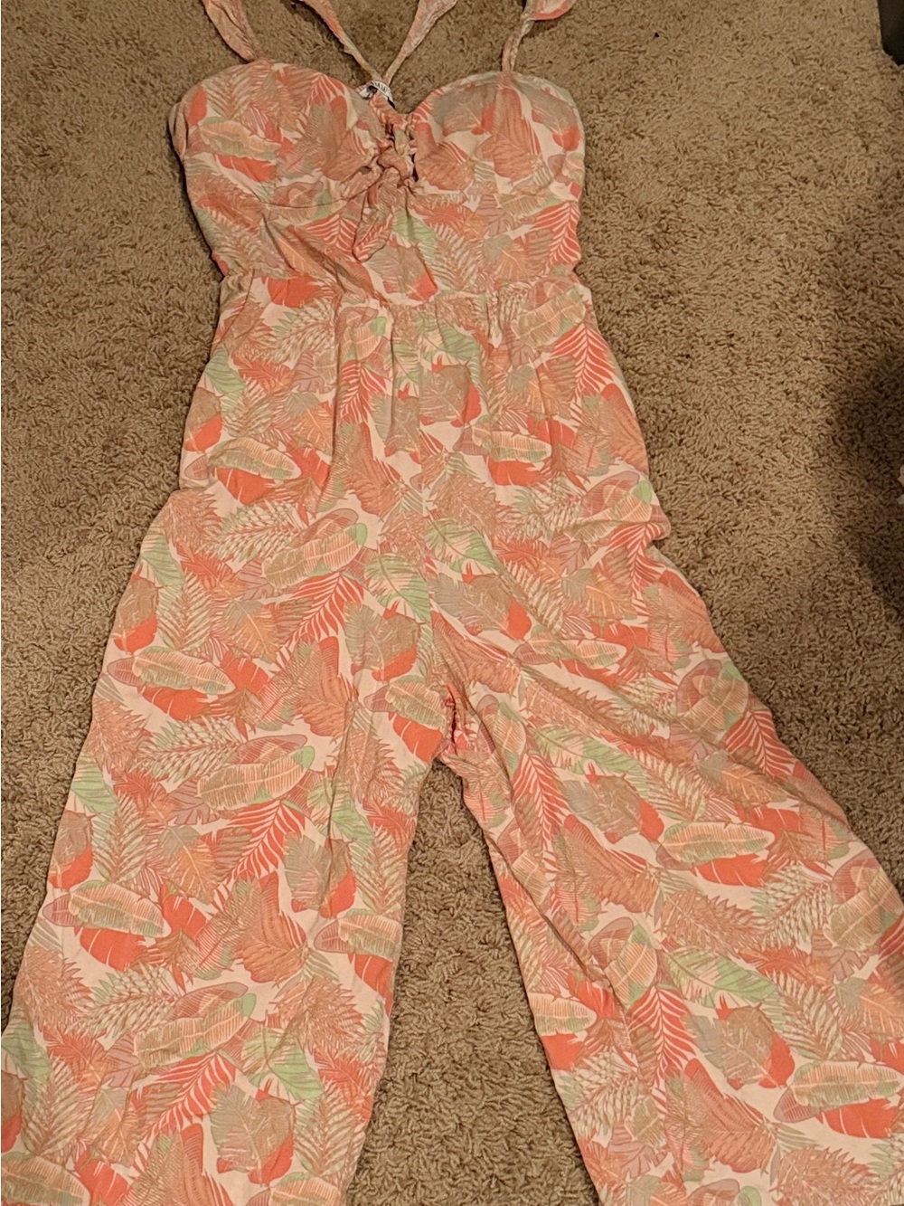 AUW Coral & Mint Leaf Halter Jumpsuit